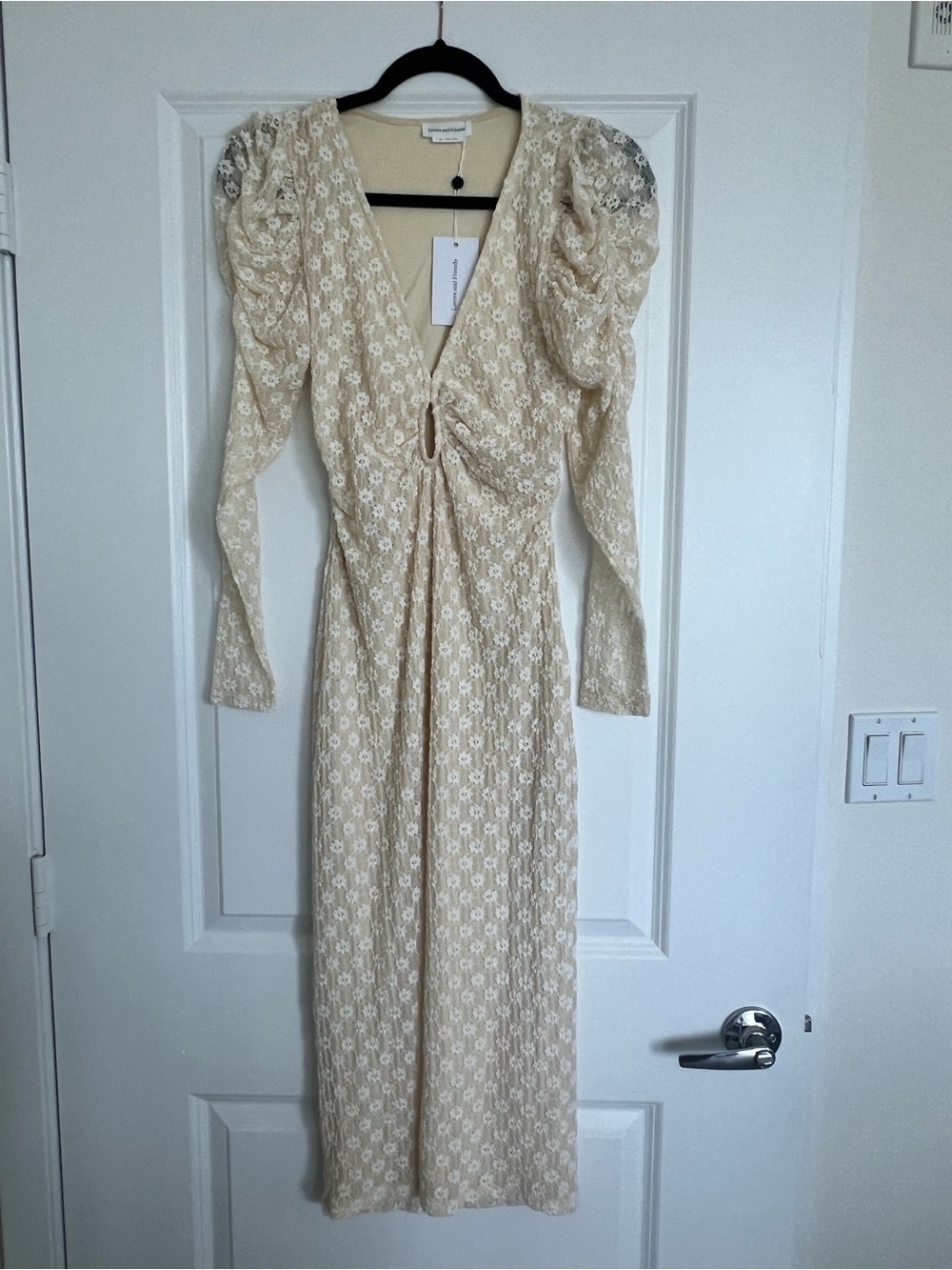 Lovers + Friends Cream Lace V-Neck Long Sleeve Midi Dress